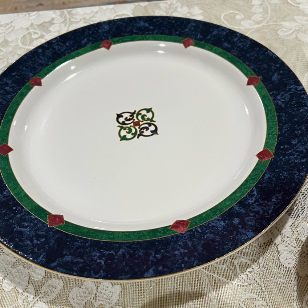 Classic White and Blue Dinnerware Set with Geometric Design